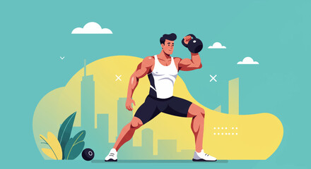 Muscular man exercising with kettlebell in a modern city illustration, ideal for fitness websites, gym marketing, and sports-related landing pages or banners.