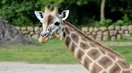 Close-up of a giraffe's neck and head, showcasing its distinctive spotted pattern against a natural backdrop of greenery and rock formations