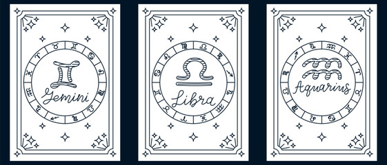 Set of zodiac illustrations featuring Gemini, Libra and Aquarius symbols with astrological signs around. Represents air element horoscopes, astrology themes and mystical celestial design