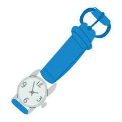 Minimalist illustration of a wristwatch with a blue strap and round clock face showing the time. Represents timekeeping, punctuality, fashion accessory and daily routine object