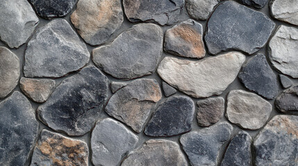 Fototapeta premium Close-up of a natural stone wall with irregularly shaped gray and brown rocks arranged tightly together