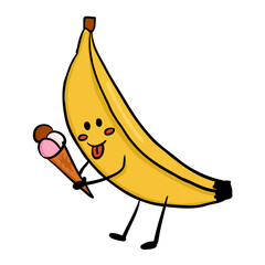 Cute banana character with smiling face holding an ice cream cone in a playful pose. Represents fun, food-themed humor and cheerful fruit illustration for kids and design