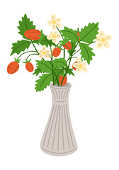 Colorful bouquet of strawberries, leaves and flowers arranged in a decorative vase. Represents freshness, summer harvest, natural beauty and rustic home decor