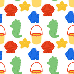 Seamless pattern with colorful sand toys including buckets, starfish, fish, seahorses and shells. Represents playful beach time, summer fun and childrens outdoor activities
