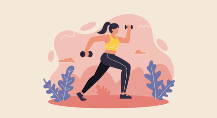 Flat design illustration of a young woman exercising outdoors with dumbbells, perfect for fitness websites, marketing materials, or health and wellness presentations.