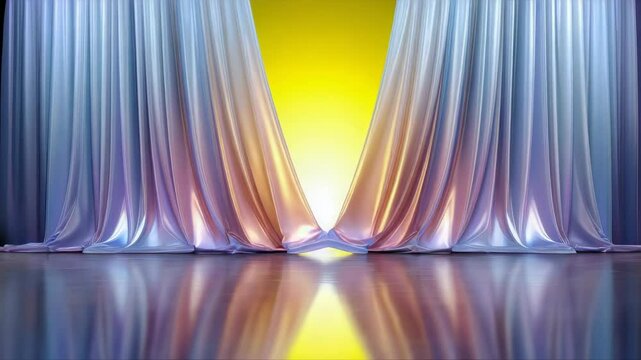 Elegant stage with silky blue and purple curtains and yellow spotlight, dramatic reflections on polished floor, pastel silk fabric, dreamy theater atmosphere, perfect for performance or event backdrop
