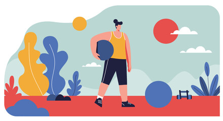 A modern flat design illustration depicts a person holding a fitness ball, ready for a workout session in a stylized outdoor setting.