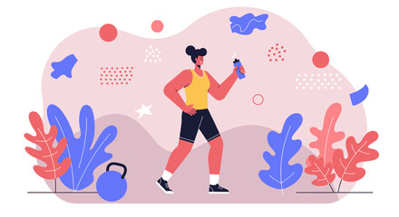 Flat design illustration of a sporty woman walking outdoors, holding a water bottle, perfect for fitness websites, landing pages, banners, and marketing materials.