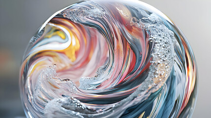Abstract sphere with swirling, multicolored liquid patterns and icy textures.  Detailed close-up view reveals intricate, flowing colors