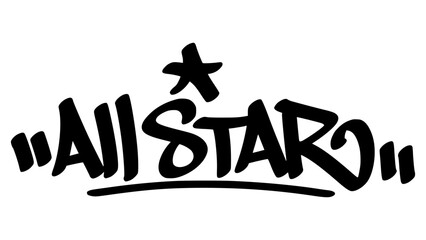 Hand-drawn graffiti tag of "All Star" in bold black ink with urban street art style. Transparent background, perfect for sports graphics, youth fashion, and dynamic designs.