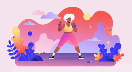 A vibrant flat design illustration depicts an energetic senior woman actively engaged in a fitness workout, perfect for modern digital marketing and web design concepts.