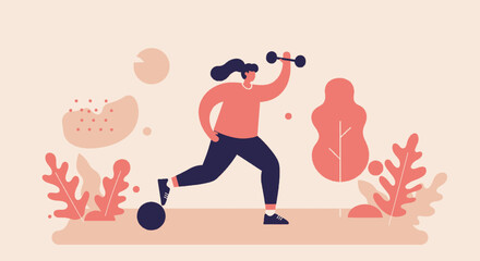 A sporty woman is depicted in a flat design style, lifting a dumbbell while lunging near stylized plants, ideal for a fitness-themed landing page design, or marketing.