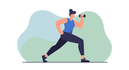 A female athlete is depicted in a flat design illustration, lifting a dumbbell as part of her fitness routine, suitable for a marketing banner or infographic.