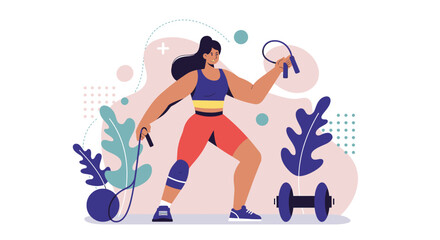 A vibrant flat design illustration depicts a woman actively exercising with a jump rope and dumbbells, perfect for web design or marketing banners.