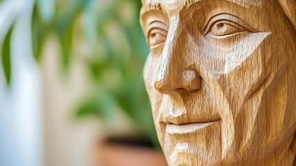 Close-up of a carved wooden portrait bust, showcasing intricate details of the face and facial features.  The light tan wood highlights the sculpted form, with a soft focus on the background foliage