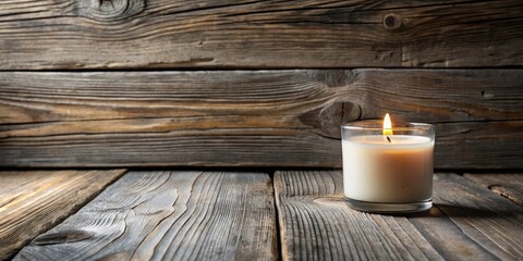 A single, illuminated candle in a clear glass container rests on a rustic wooden surface, providing a serene and contemplative atmosphere.