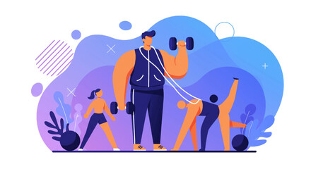 Vibrant flat design illustration showcasing a fitness class with diverse individuals exercising using dumbbells and performing yoga, ideal for a health and wellness landing page.