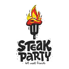 Steak Party. Invitation, poster, logo, sign with for BBQ food weekend. Vector Illustration fork with a piece of meat on the fire