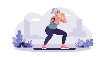 Fit senior woman performing a squat exercise on a mat outdoors, showcasing active lifestyle and healthy aging with urban background.
