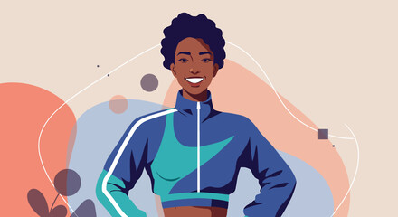 A vibrant, flat design illustration showcases an energetic African American woman in sportswear, perfect for a fitness app landing page or health and wellness banner.