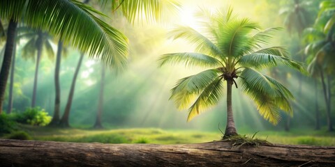 Serene tropical paradise scene featuring a single palm tree bathed in sunlight, a rustic wooden log in the foreground, and a lush green background
