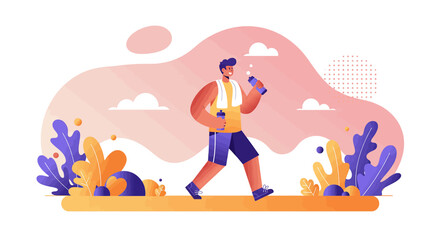 Flat design illustration of a man walking outdoors with water bottles, perfect for marketing banners and web design.