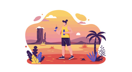 A woman in athletic attire takes a refreshing break with a water bottle in a vibrant, stylized desert landscape, perfect for web design elements.