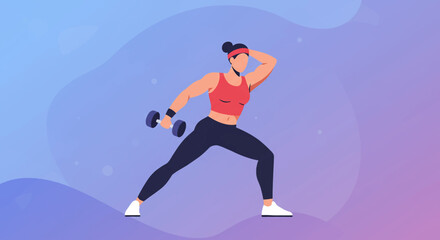 Flat design illustration of a strong woman doing bicep curls with dumbbells, perfect for fitness websites, marketing banners, and landing pages.