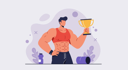 Fototapeta premium Muscular man holding a trophy, celebrating victory and success in fitness; flat design illustration ideal for landing page banners, marketing materials, and presentations.