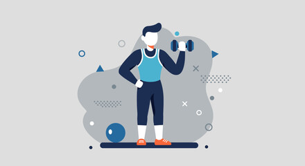An illustrated flat design depicts a man in sportswear lifting a dumbbell, perfect for fitness and health-related presentations, advertising, and marketing materials.