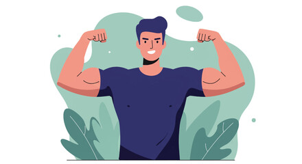 Fit man flexing muscles in flat design style, representing health, fitness, and strength for marketing and web design.