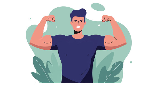 Fit man flexing muscles in flat design style, representing health, fitness, and strength for marketing and web design.
