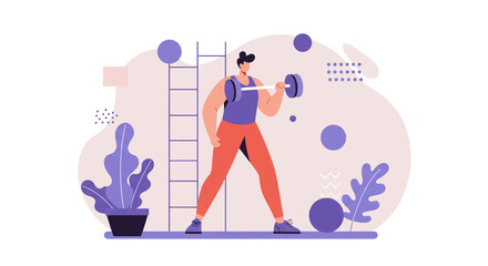 Modern flat design illustration of a person lifting weights, perfect for fitness marketing, web design, and health presentations.