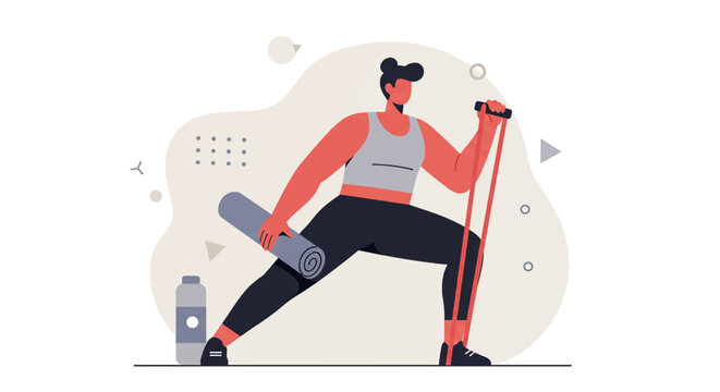 A modern flat design illustration showcases a woman exercising with resistance bands and a yoga mat, perfect for a fitness blog or wellness landing page design.