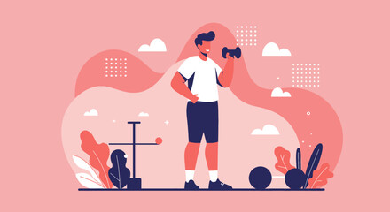 A flat design illustration showcases a man working out with dumbbells in a gym setting, perfect for a fitness presentation or marketing material with a modern, clean aesthetic.