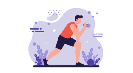 A vibrant flat design illustration showcases a man exercising with a dumbbell, perfect for a fitness landing page or an infographic promoting healthy living.