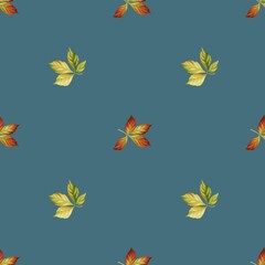 seamless pattern, autumn colorful leaves on blue background