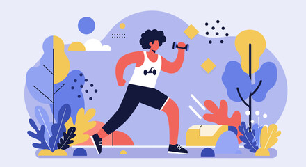 Dynamic flat design illustration of a person running with weights outdoors, perfect for fitness marketing and web design.