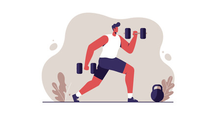 A dynamic illustration depicts a man in active workout, lifting dumbbells in a flat design, perfect for fitness and health-related marketing materials, web design, and presentations.