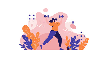 A modern flat design illustration depicts a woman working out with dumbbells amidst abstract shapes and foliage, suitable for a fitness landing page or banner design.