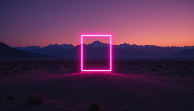 Glowing neon rectangle adorns a desert landscape with distant mountains under a beautiful purple and orange twilight sky.