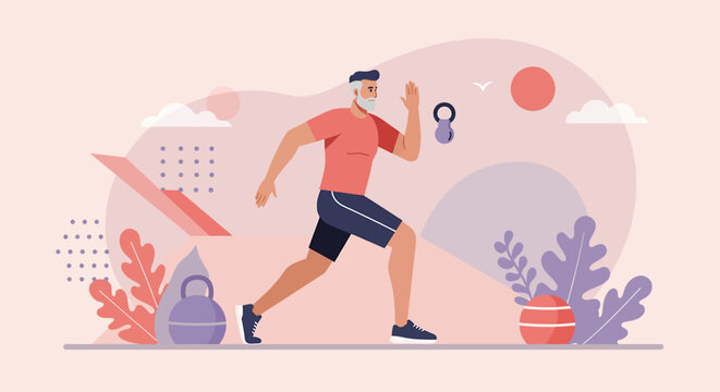 Active senior man running outdoors with weights and plants, enjoying a healthy lifestyle in a modern flat design.