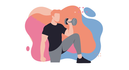 A fit man in a modern flat design illustration is lifting a dumbbell, ideal for web design, marketing, and fitness-related content.