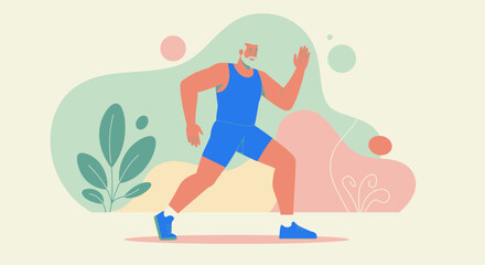 Active senior man jogging outdoors with abstract shapes and plants, representing healthy lifestyle and fitness in flat design.