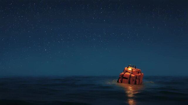 A dramatic setting of a boat in open water where an EPIRB is deployed showcasing a bright signal light flashing against a backdrop of dark storm clouds and rough seas illustrating the