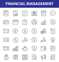 Financial Management Line Icons, Budget, Savings, Expense Report, Investment, Wallet, Currency, Calculator, and More , Editable Formats: AI, EPS, JPG, PNG , Ideal for Both Digital and Print Use