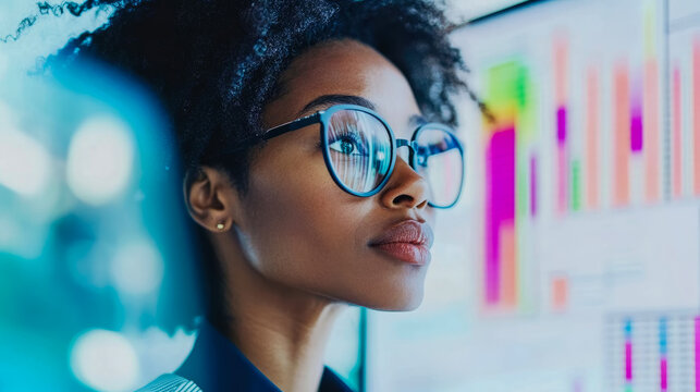 African-American Woman Analyzing Data, Analytics Concept: Business Intelligence Review with Bar Chart, Graphs, and Visualizations for Planning and Strategy