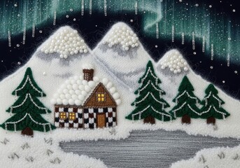 A cozy embroidered winter scene featuring snow-capped mountains, pine trees, a lit cabin, and a frozen lake under the shimmering northern lights.