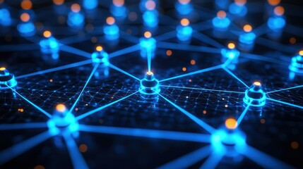 Interconnected blue nodes & lines with orange highlights