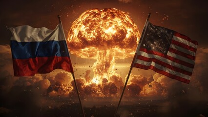World War 3 Eruption: Flags of Russia and USA Amid Nuclear Blast
